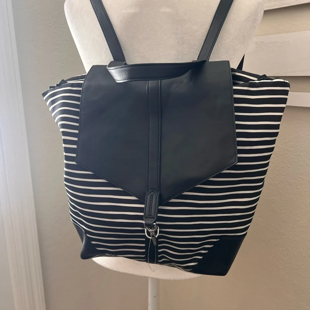 Stella & Dot Black & White Stripe Convertible Backpack Tote | Vegan Leather
